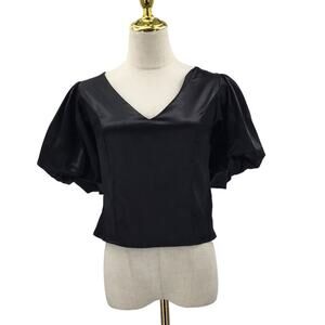 MILK & HONEY M L Black Satin Puff Sleeves V-Neck Lace up Blouse Crop Top NWT B80